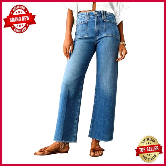Women's High Waist Wide Leg Stretch Jeans Straight Fit Casual Pants